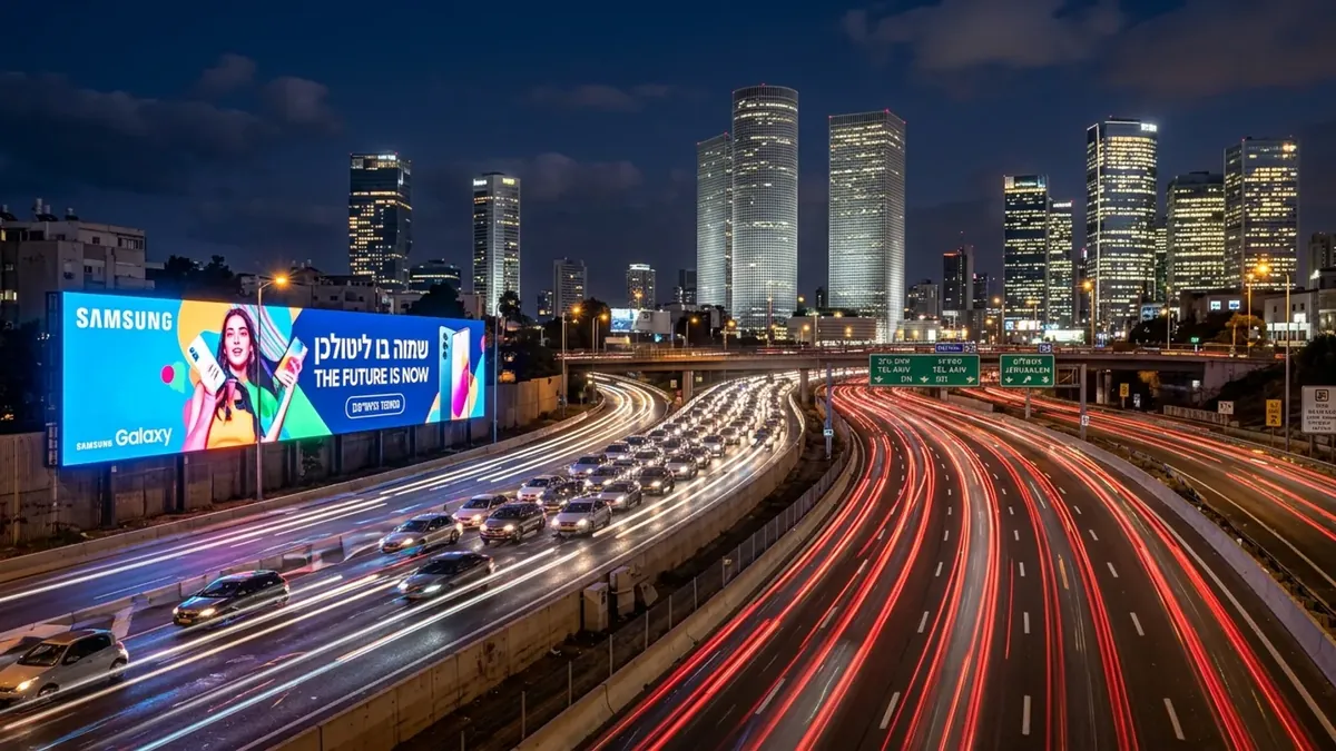 מסך פרסום גדול לצד נתיבי איילון בתל אביב בלילה – דוגמה למיקום חוצות מרכזי ויקר