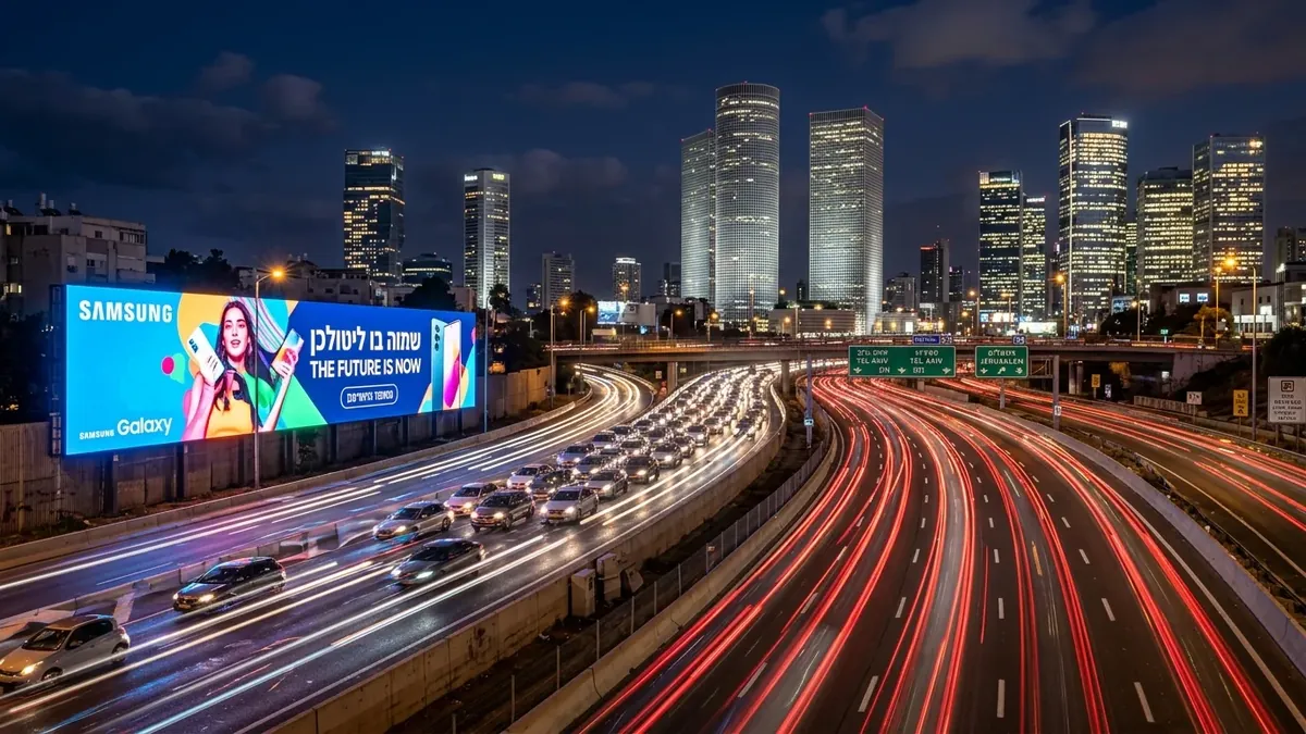שילוט חוצות לאורך נתיבי איילון בלילה – מסך לד גדול מול התנועה בתל אביב