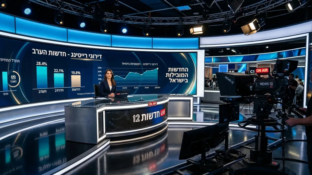 צוות רכש מדיה מול קיר מסכי שידור ונתוני רייטינג – תכנון רצועות ושידורים לפרסום בערוץ 12