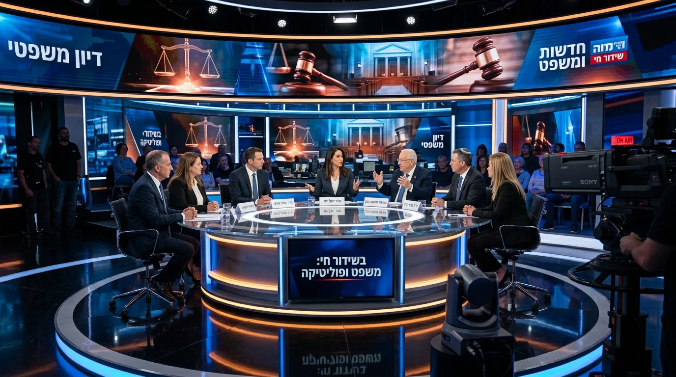 פרסום לעורכי דין בטלוויזיה: המחשה של אולפן תוכנית משפט עם פאנל עורכי דין סביב שולחן השידור