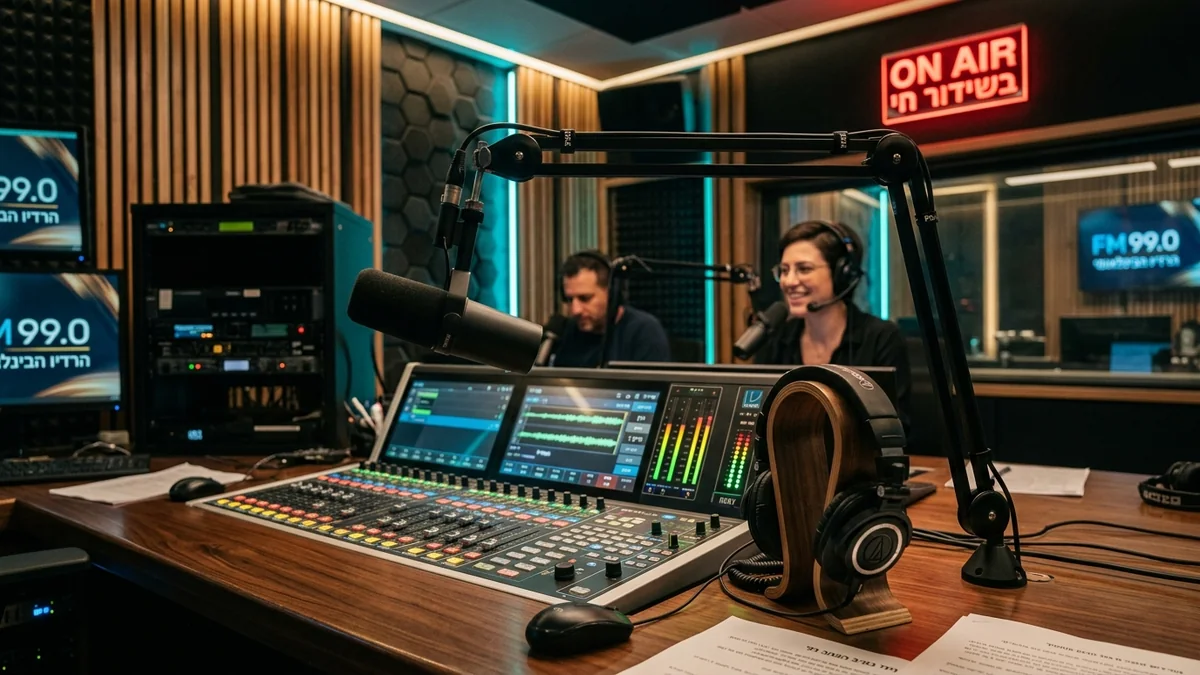 אולפן רדיו עם שני מגישים בשידור חי ועמדת מיקס בתוכנית דיבור