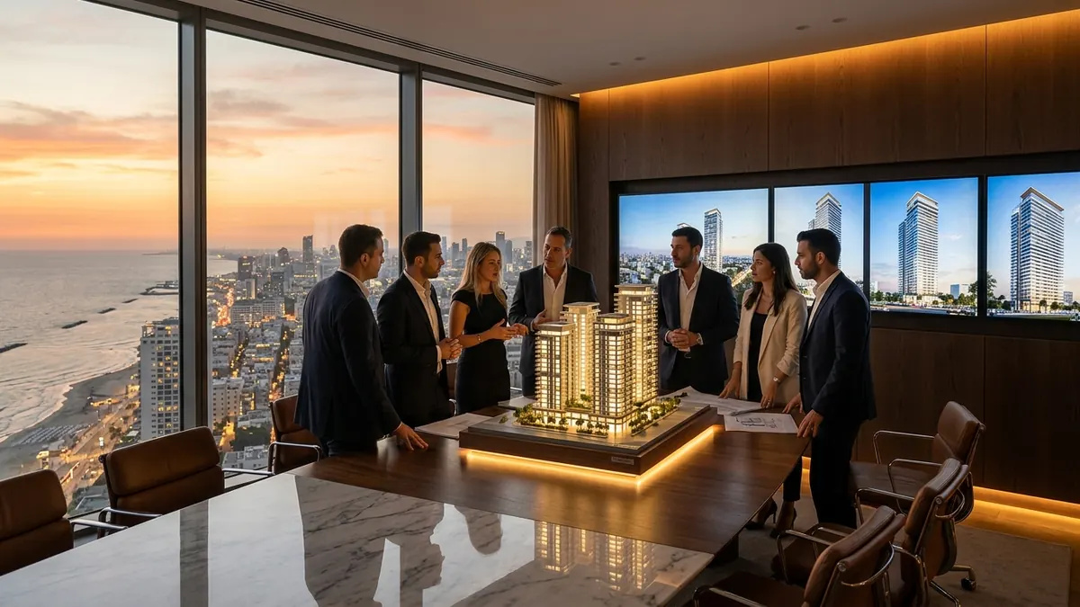 פרסום נדל״ן: ישיבת צוות שיווק בחברת נדל״ן עם עיתונות כלכלית על השולחן ונוף עירוני בחלון